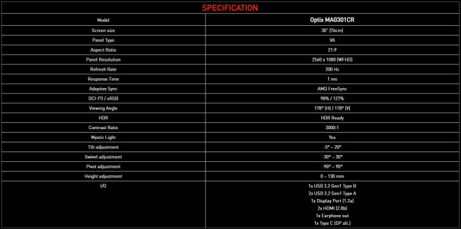 OPTIX MAG301CR : un nouvel écran gamer ultra wide à 200 Hz chez MSI