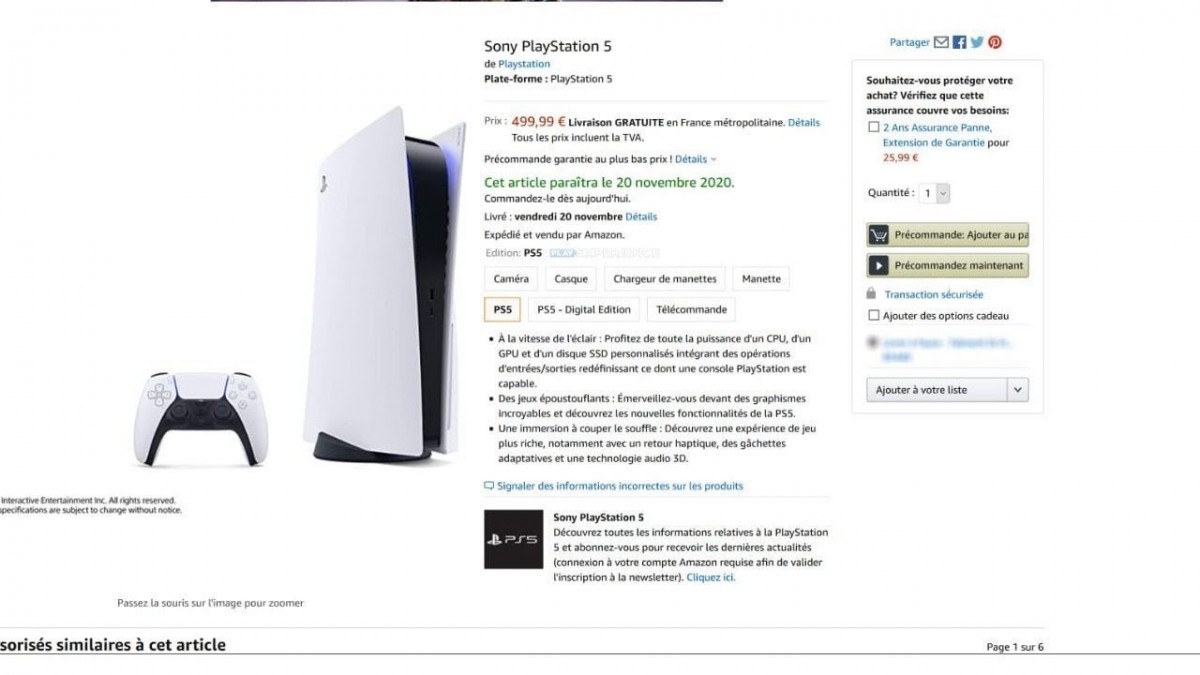 La Playstation 5 de SONY version Blu-Ray listée à 499 euros chez Amazon avec une disponibilité pour le 20 Novembre