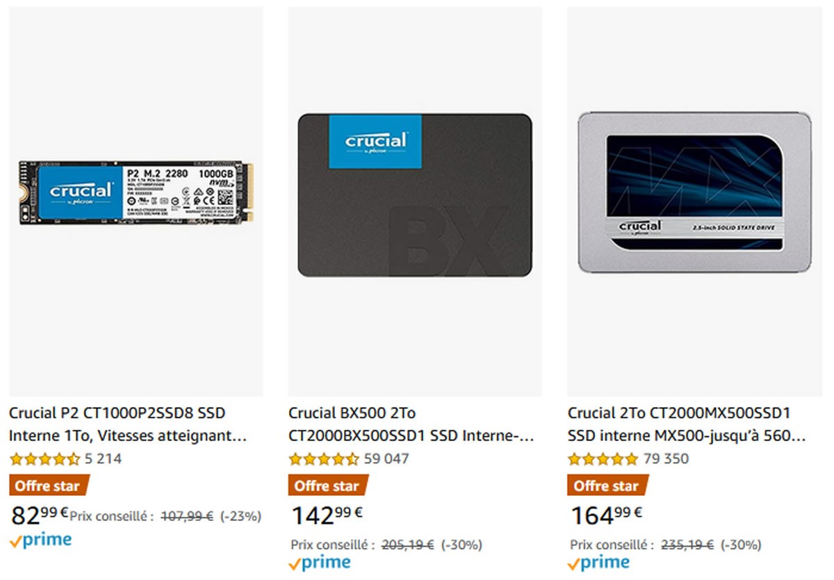 Bon Plan : SSD NVMe Crucial P2 1 To à 82.99 euros, SATA BX500 2 To
