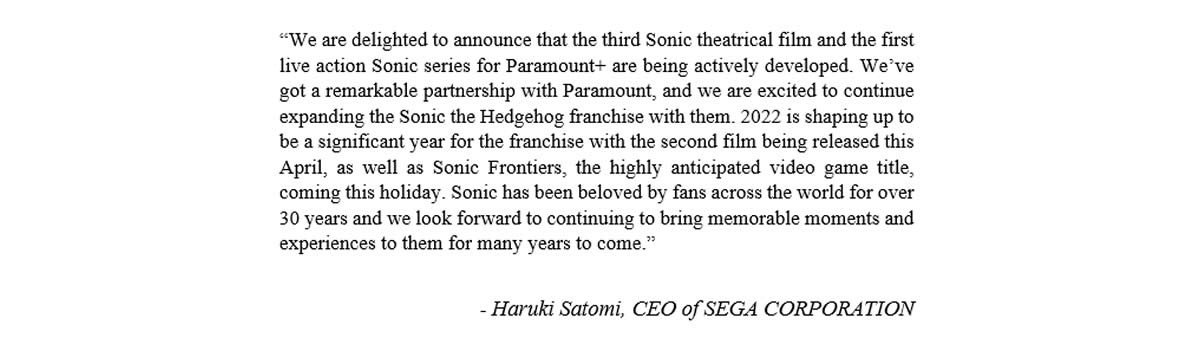 Alors que le film Sonic 2 n'est pas encore sorti, SEGA annonce Sonic 3 et une série live action