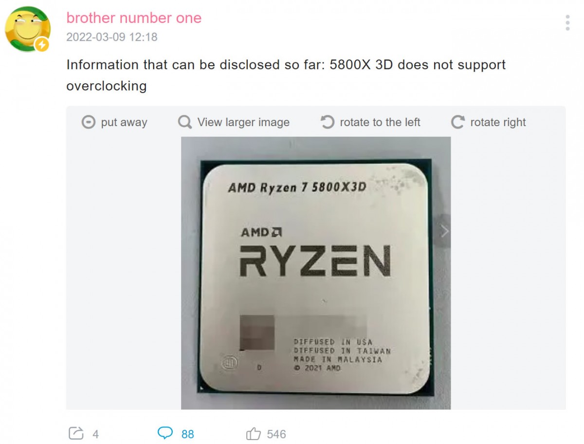 AMD Ryzen 7 5800X3D : Pas d'OC possible et première photo du proco