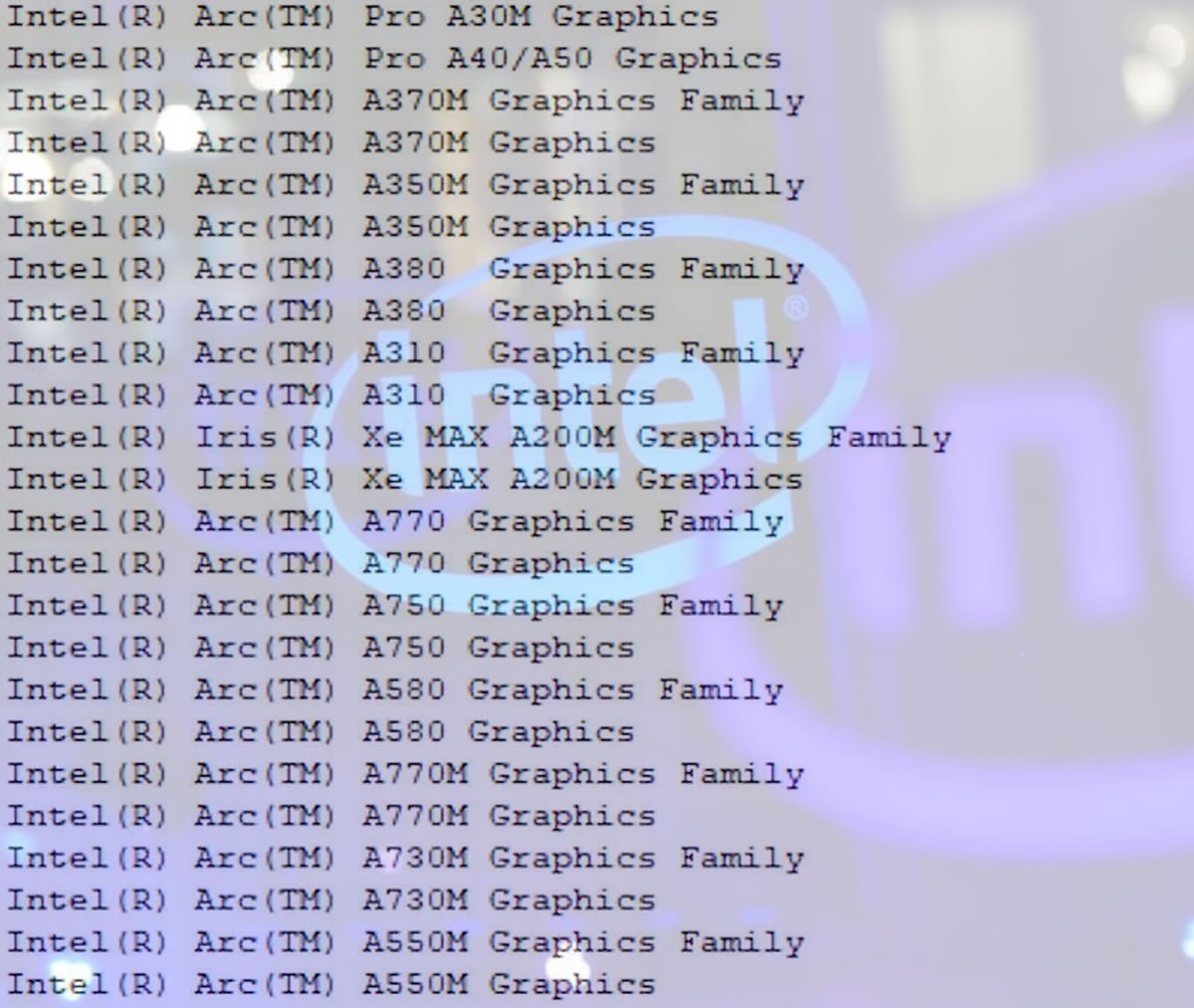 Les Intel Arc A770, A750, A580, A380 et A310 confirmées