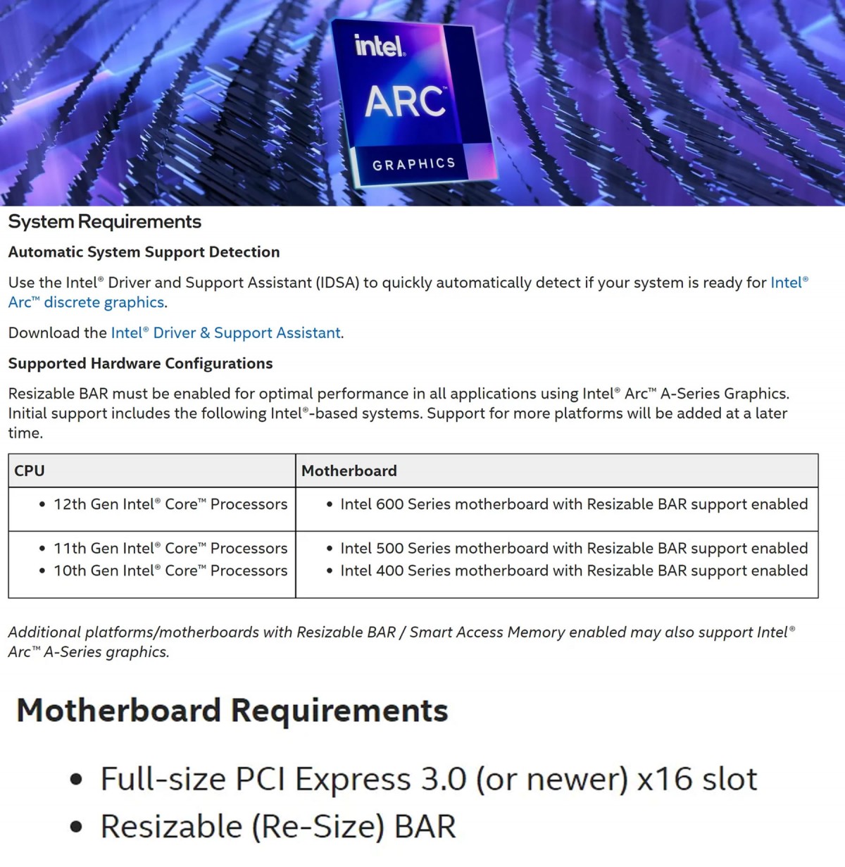 Le Resizable BAR sera nécessaire pour les cartes graphiques Intel Arc