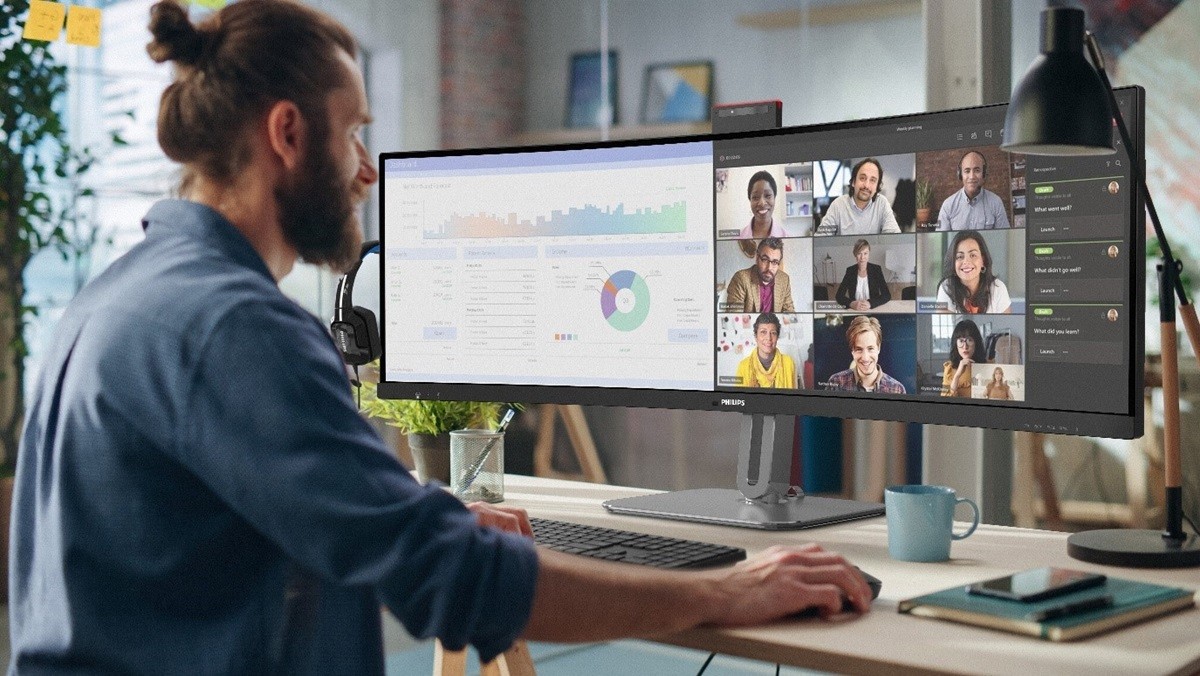 Le nouveau moniteur Philips 49B2U6900CH, un produit professionnel puissant qui intègre une webcam avec cadrage automatique et un KVM intelligent.